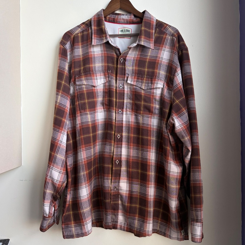 Lake & Trail‎ Mens XXL Plaid Flannel Shirt Brown Orange Recycled Polyester Lined